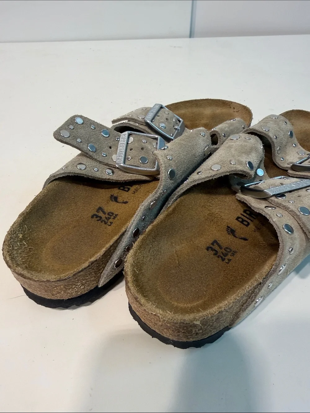 Gently used  Studded Double-Buckle Suede Birkenstock Sandals Taupe women’s 6